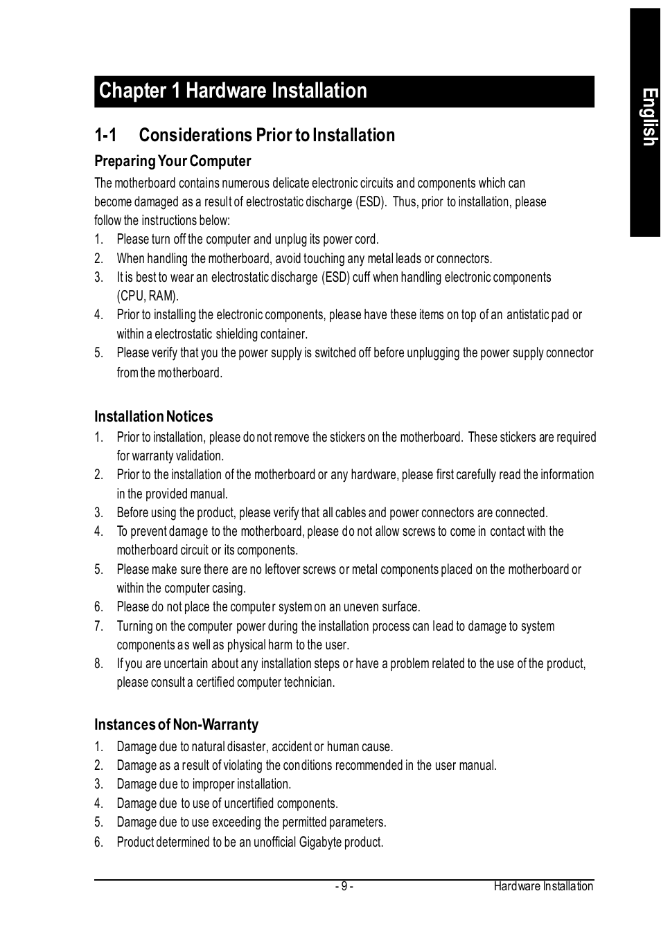 Chapter 1 hardware installation, English, 1 considerations prior to installation | GIGABYTE GA-8IP775 Series User Manual | Page 9 / 80