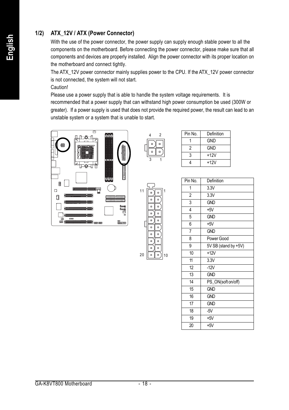 English, 1/2) atx_12v / atx (power connector) | GIGABYTE GA-K8VT800 User Manual | Page 18 / 80