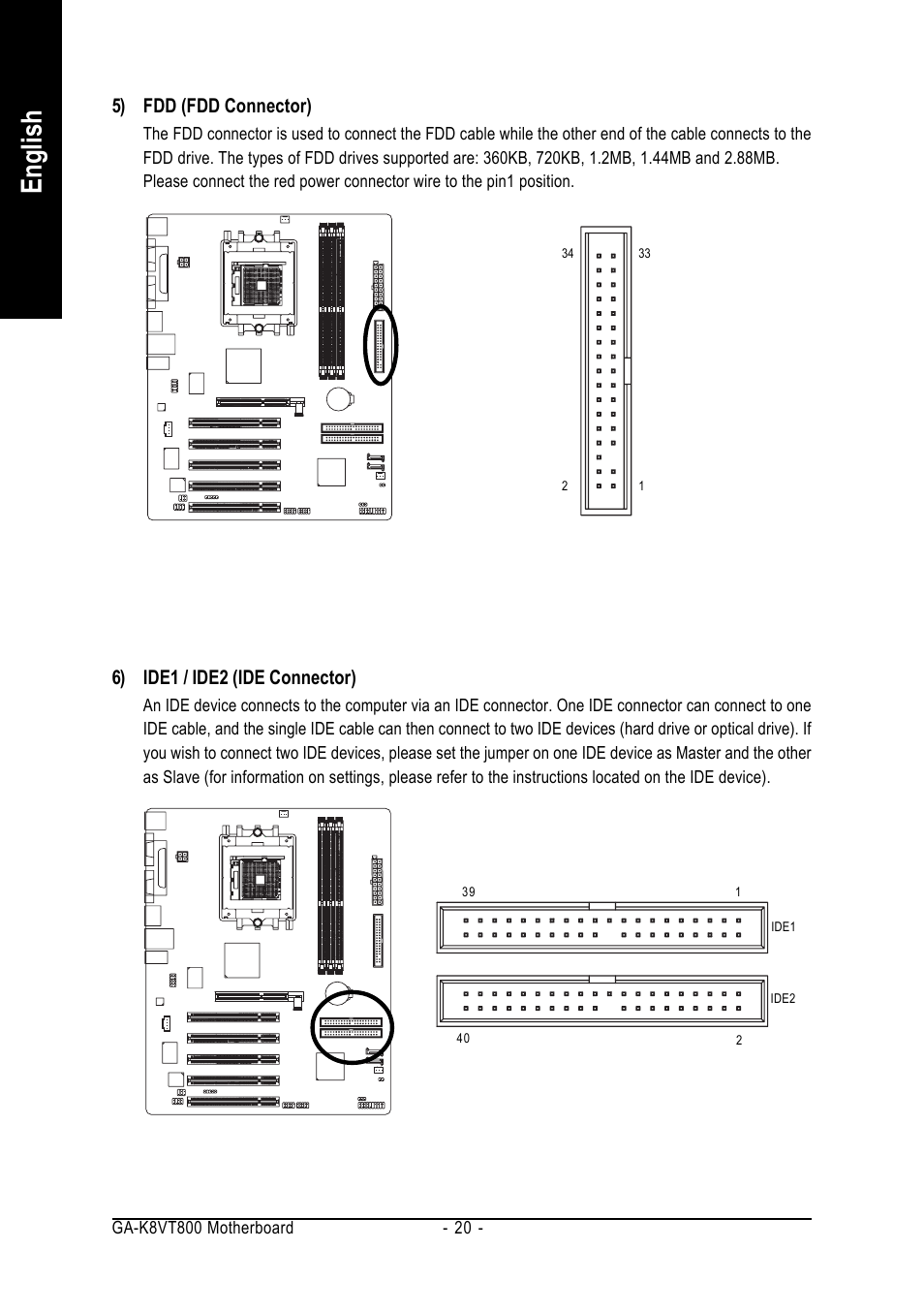 English, 6) ide1 / ide2 (ide connector), 5) fdd (fdd connector) | GIGABYTE GA-K8VT800 User Manual | Page 20 / 80