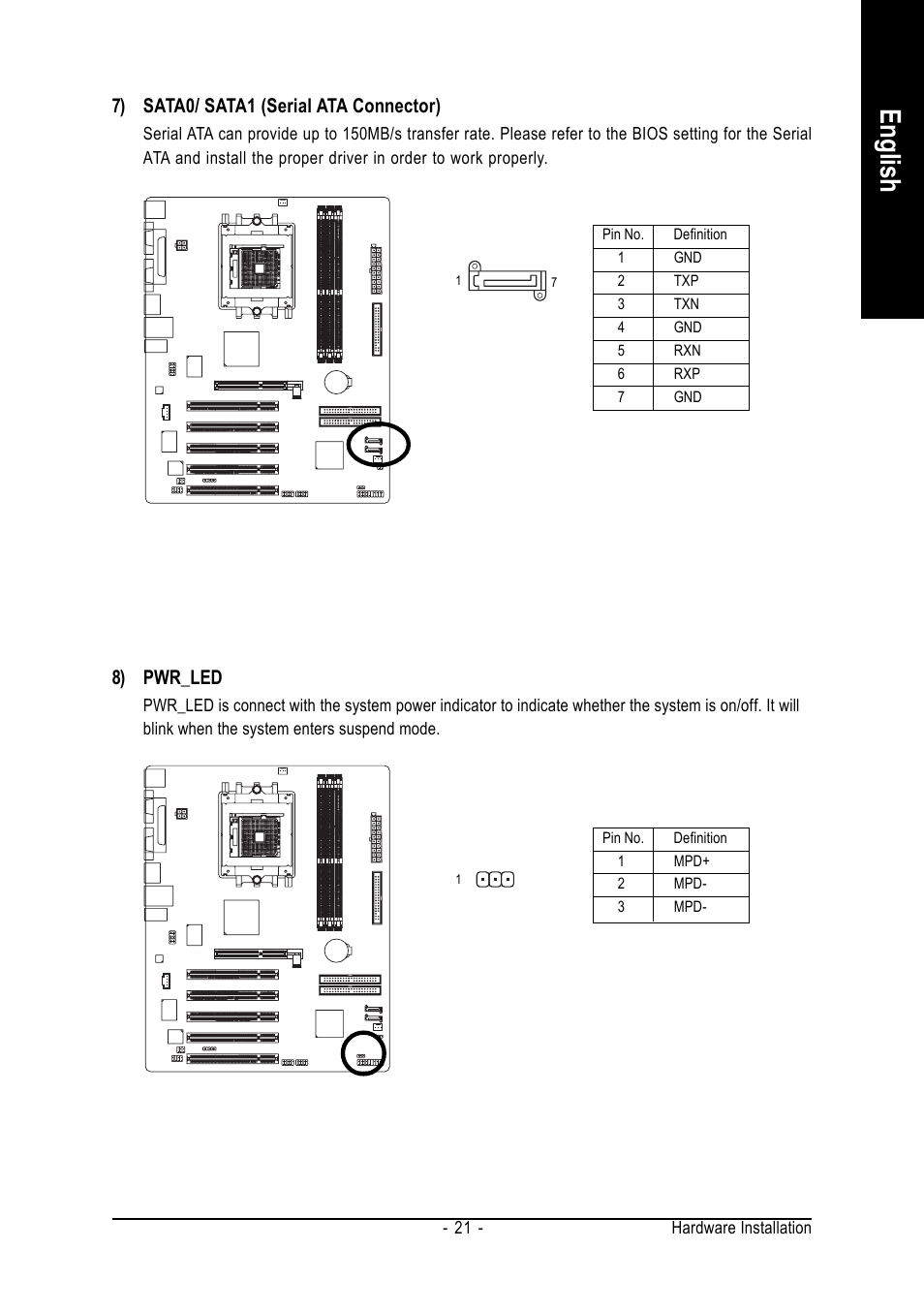 English, 8) pwr_led, 7) sata0/ sata1 (serial ata connector) | GIGABYTE GA-K8VT800 User Manual | Page 21 / 80