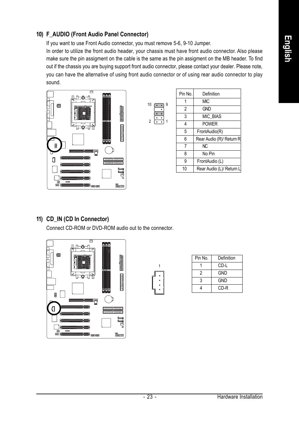 English, 10) f_audio (front audio panel connector), 11) cd_in (cd in connector) | GIGABYTE GA-K8VT800 User Manual | Page 23 / 80