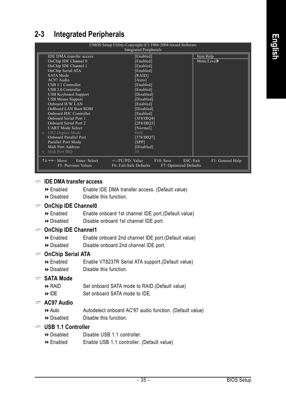 English, 3 integrated peripherals, Ide dma transfer access | Onchip ide channel0, Onchip ide channel1, Onchip serial ata, Sata mode, Ac97 audio, Usb 1.1 controller | GIGABYTE GA-K8VT800 User Manual | Page 35 / 80