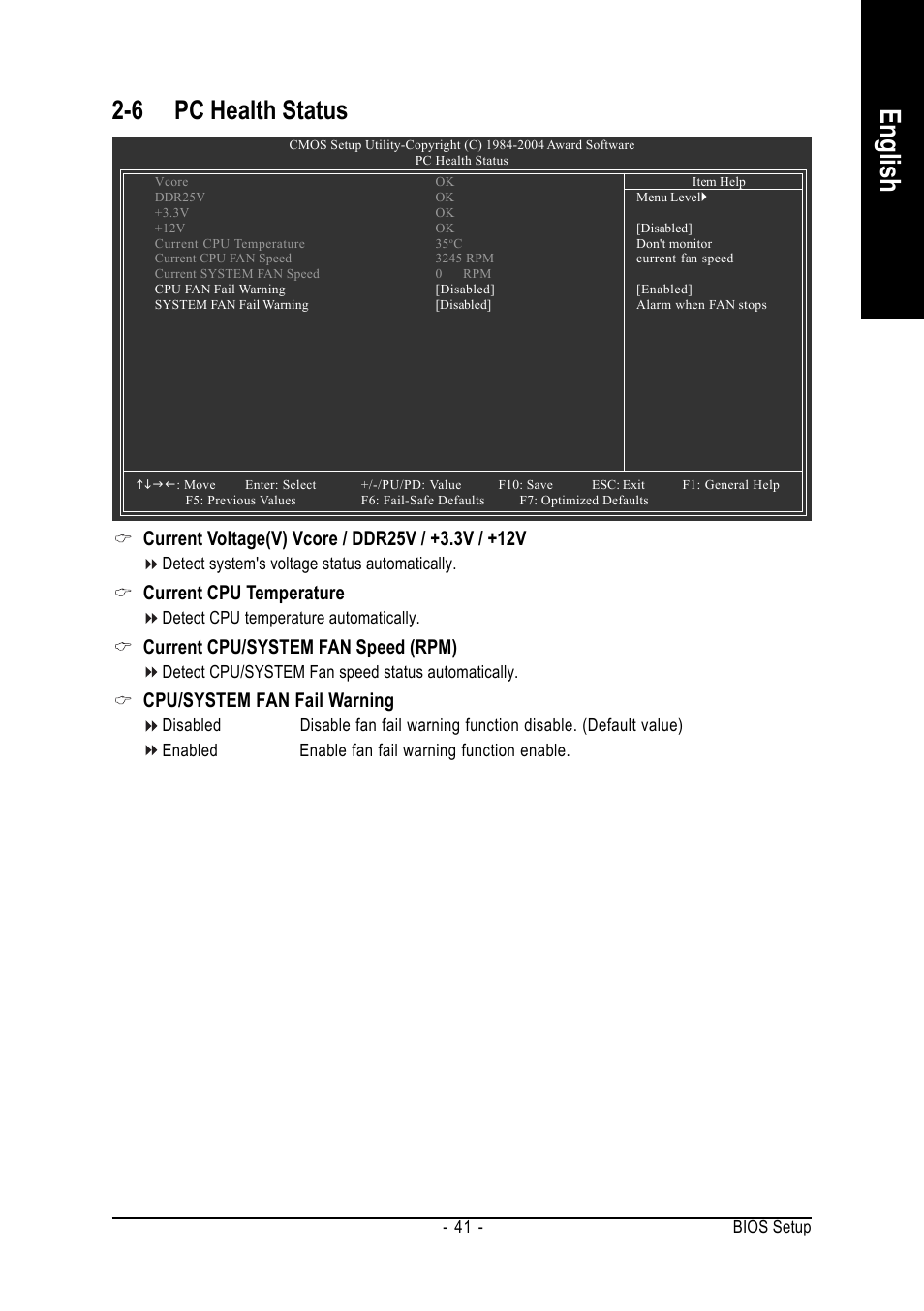 English, 6 pc health status, Current cpu temperature | Current cpu/system fan speed (rpm), Cpu/system fan fail warning | GIGABYTE GA-K8VT800 User Manual | Page 41 / 80