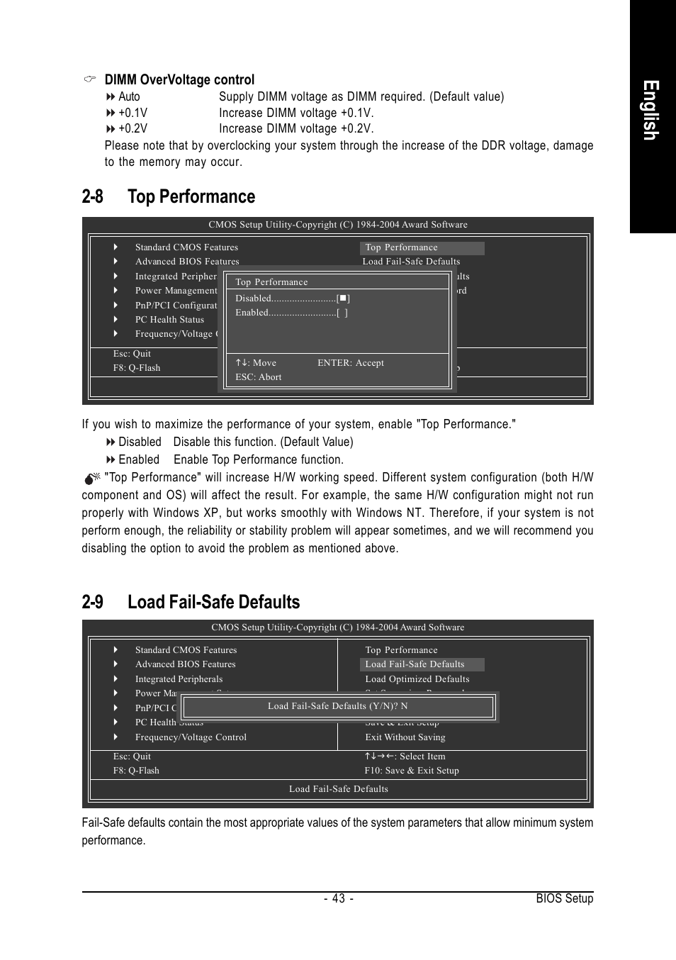 English, 9 load fail-safe defaults, 8 top performance | Dimm overvoltage control | GIGABYTE GA-K8VT800 User Manual | Page 43 / 80