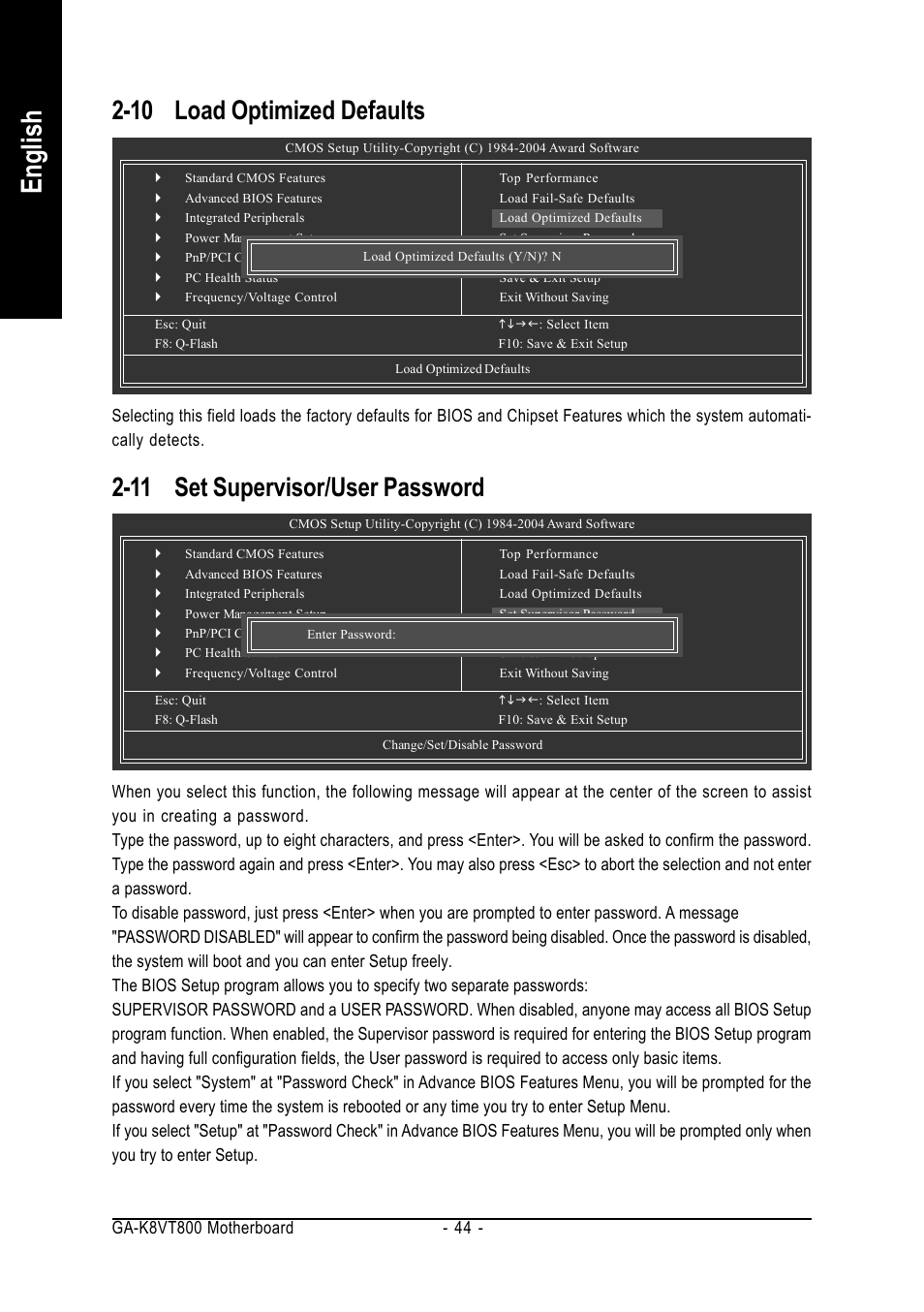 English, 11 set supervisor/user password, 10 load optimized defaults | GIGABYTE GA-K8VT800 User Manual | Page 44 / 80