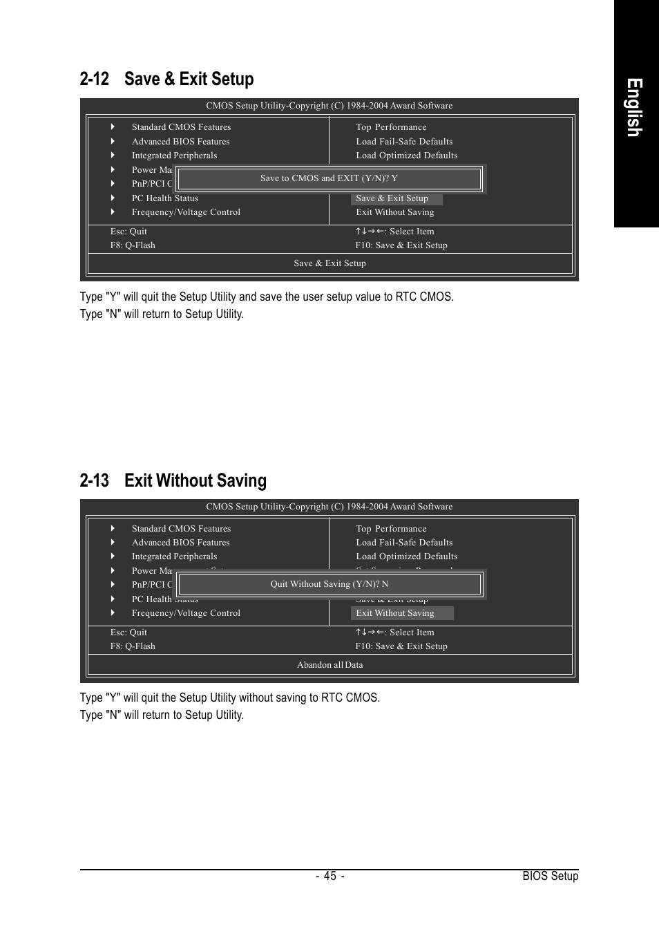 English, 12 save & exit setup, 13 exit without saving | Bios setup - 45 | GIGABYTE GA-K8VT800 User Manual | Page 45 / 80