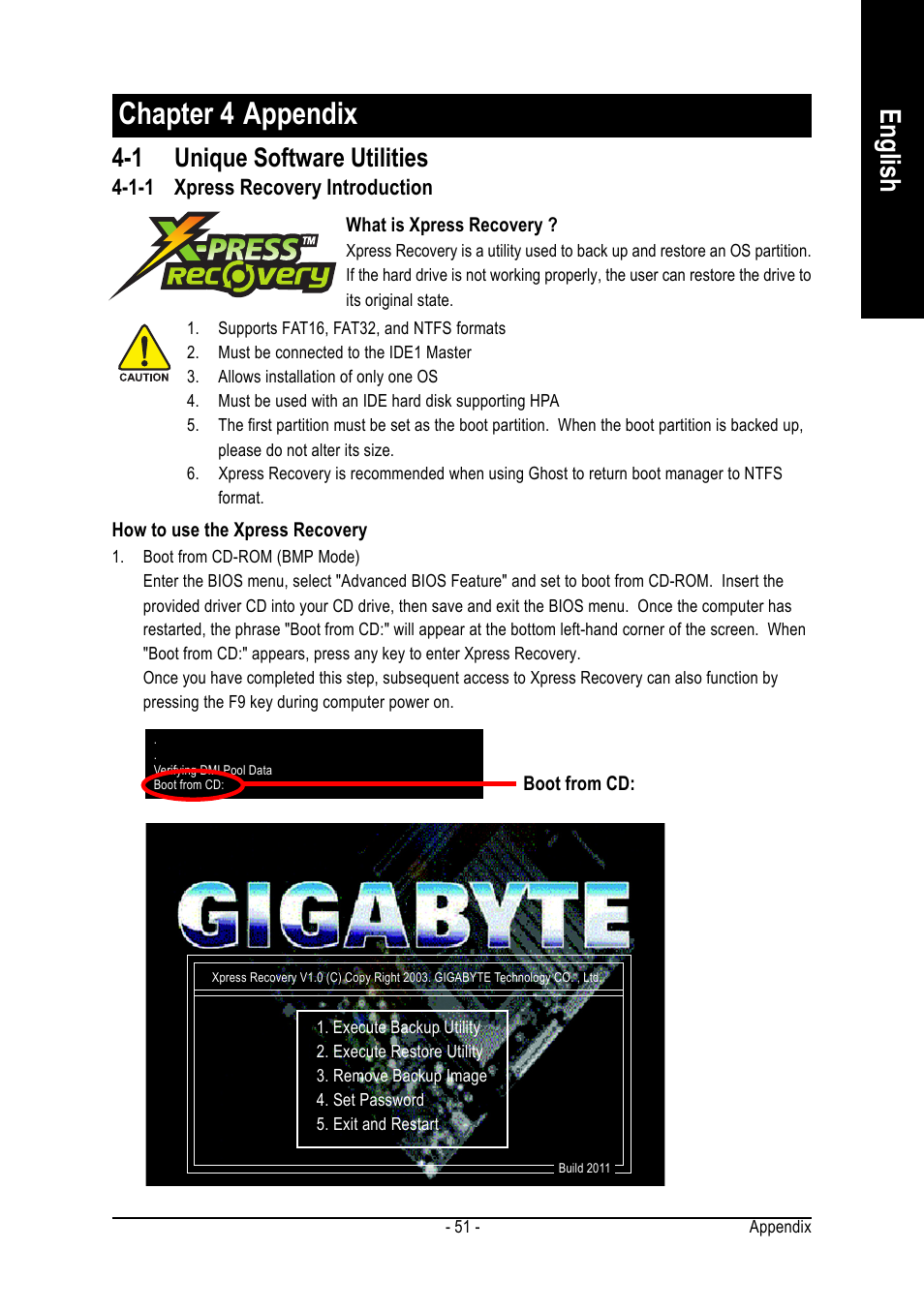 Chapter 4 appendix, English, 1 unique software utilities | GIGABYTE GA-K8VT800 User Manual | Page 51 / 80