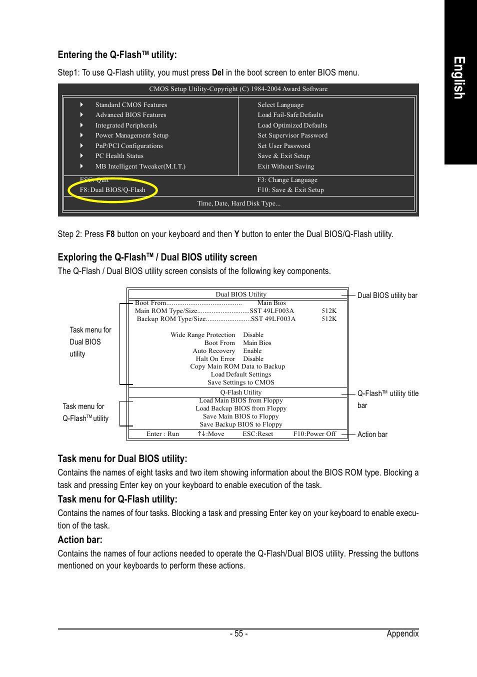 English, Entering the q-flash, Utility | Exploring the q-flash, Dual bios utility screen, Task menu for dual bios utility, Task menu for q-flash utility, Action bar | GIGABYTE GA-K8VT800 User Manual | Page 55 / 80