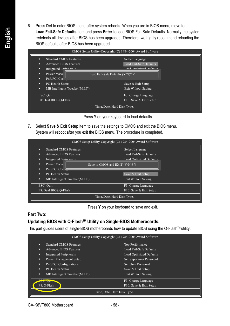 English, Part two: updating bios with q-flash, Utility on single-bios motherboards | GIGABYTE GA-K8VT800 User Manual | Page 58 / 80