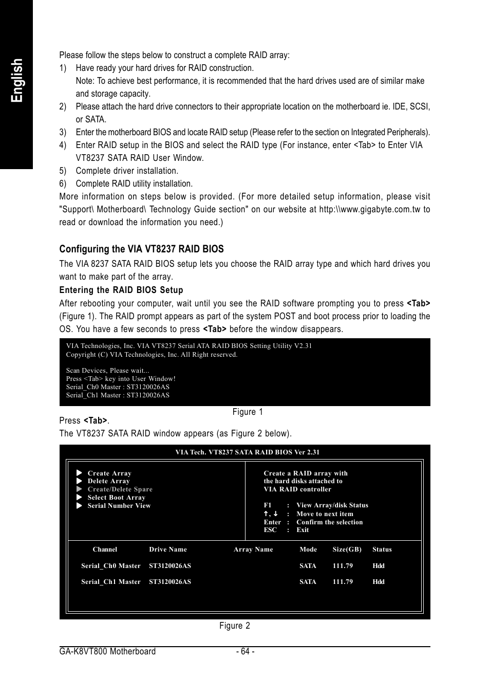 English, Configuring the via vt8237 raid bios | GIGABYTE GA-K8VT800 User Manual | Page 64 / 80