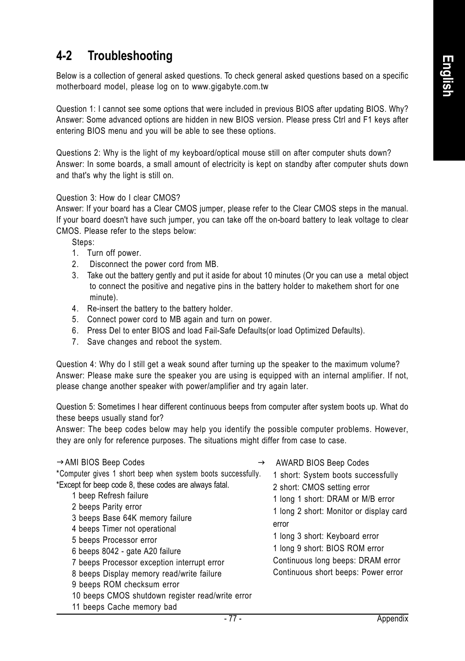 English, 2 troubleshooting | GIGABYTE GA-K8VT800 User Manual | Page 77 / 80