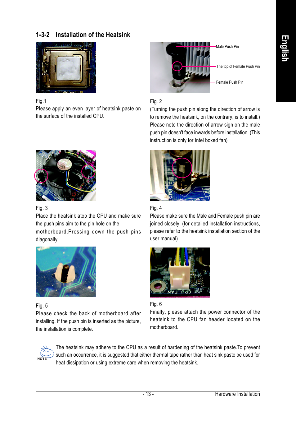 English, 3-2 installation of the heatsink | GIGABYTE GA-8I945PLGE-RH User Manual | Page 13 / 80