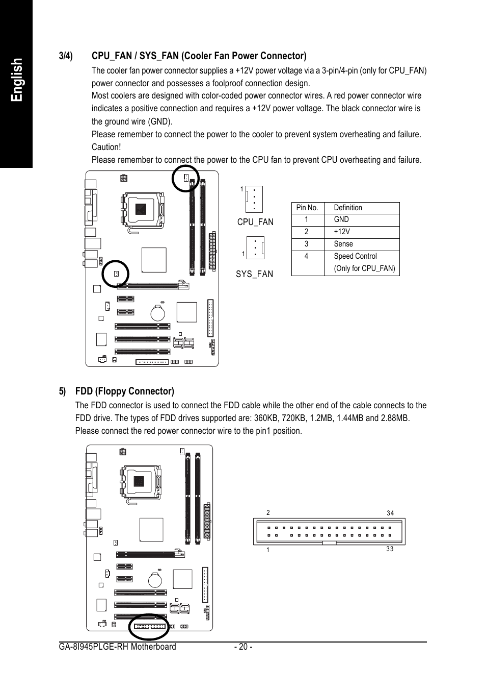 English, 5) fdd (floppy connector) | GIGABYTE GA-8I945PLGE-RH User Manual | Page 20 / 80