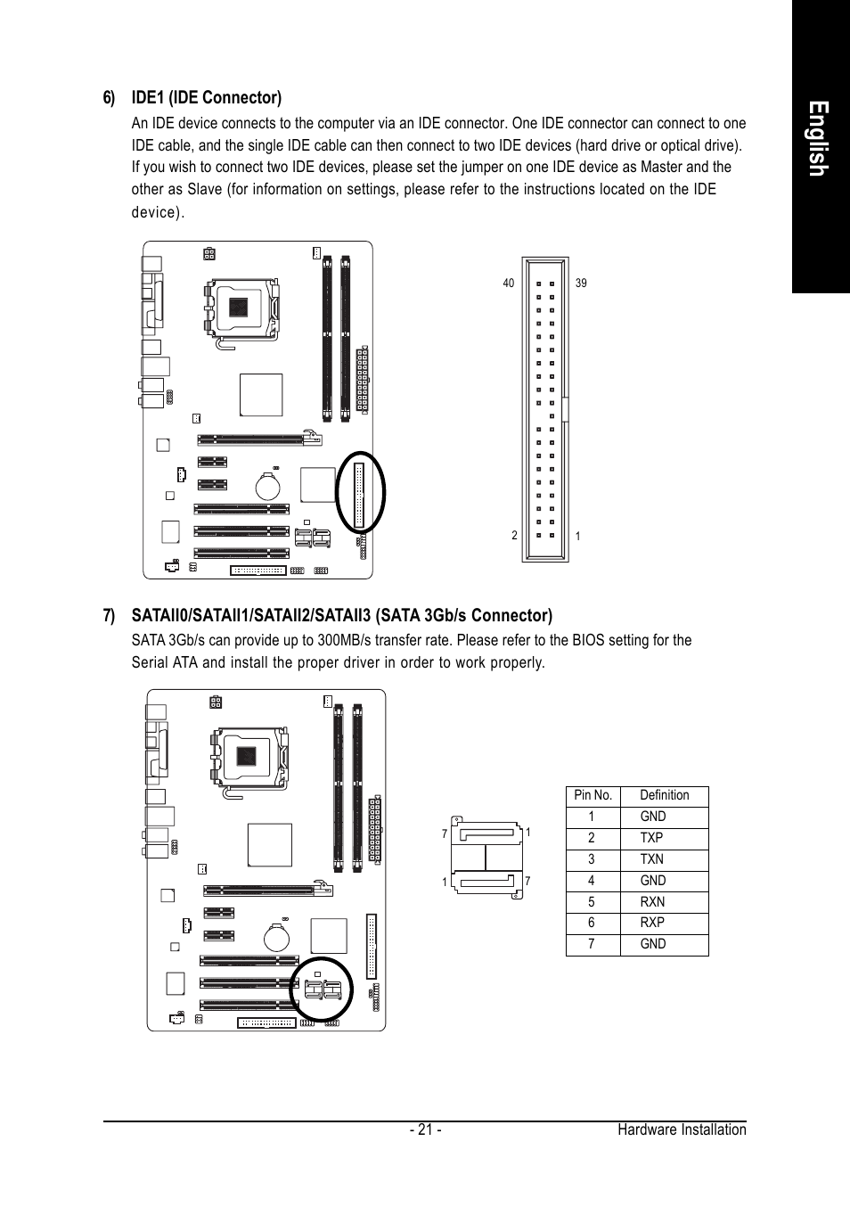 English, 6) ide1 (ide connector) | GIGABYTE GA-8I945PLGE-RH User Manual | Page 21 / 80