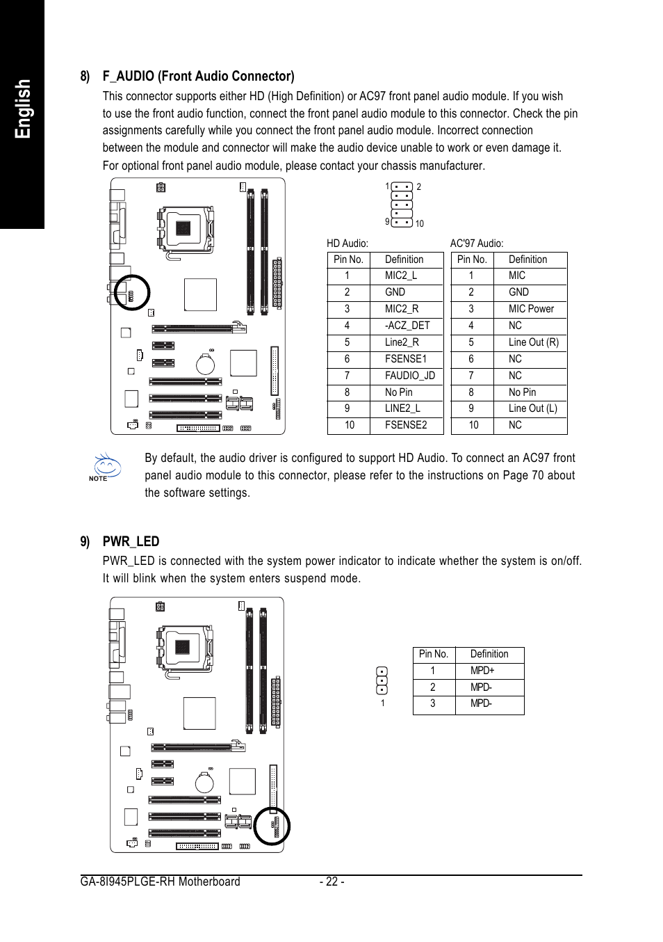 English, 8) f_audio (front audio connector), 9) pwr_led | GIGABYTE GA-8I945PLGE-RH User Manual | Page 22 / 80