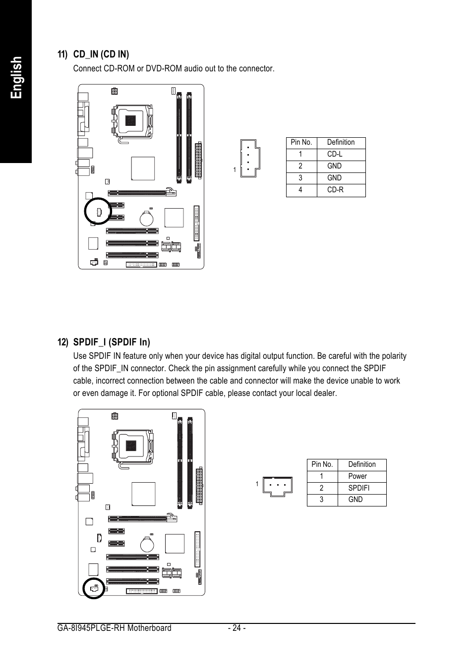 English, 11) cd_in (cd in), 12) spdif_i (spdif in) | GIGABYTE GA-8I945PLGE-RH User Manual | Page 24 / 80