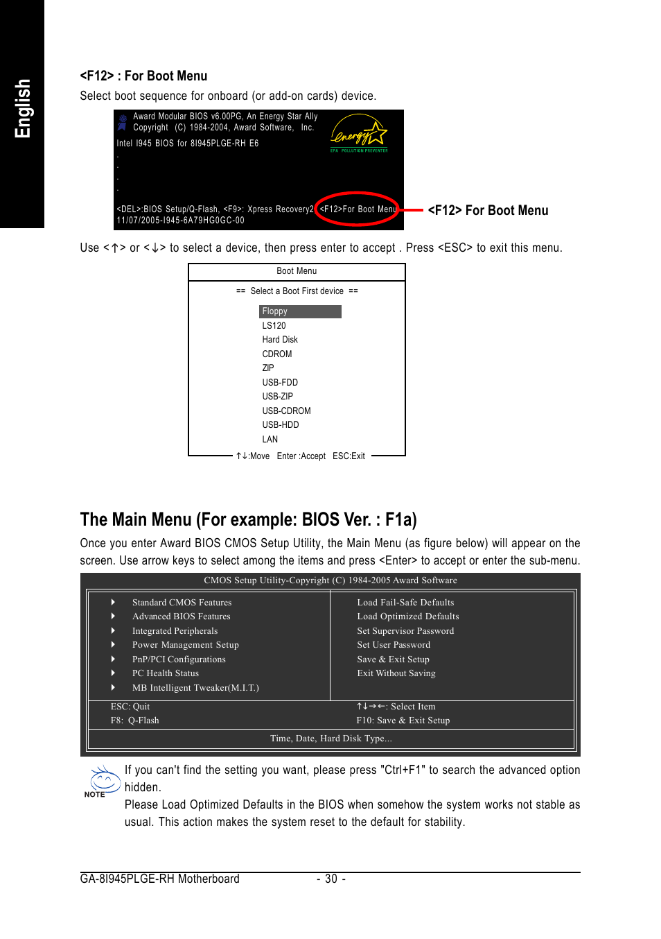English, The main menu (for example: bios ver. : f1a), F12> for boot menu | F12> : for boot menu | GIGABYTE GA-8I945PLGE-RH User Manual | Page 30 / 80