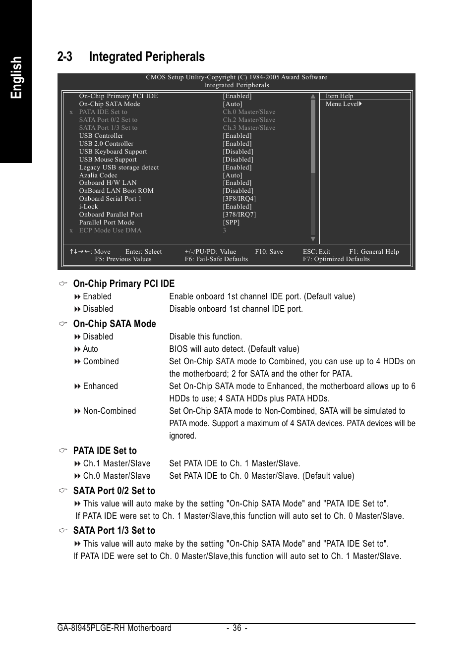 English, 3 integrated peripherals, On-chip primary pci ide | On-chip sata mode, Pata ide set to, Sata port 0/2 set to, Sata port 1/3 set to | GIGABYTE GA-8I945PLGE-RH User Manual | Page 36 / 80