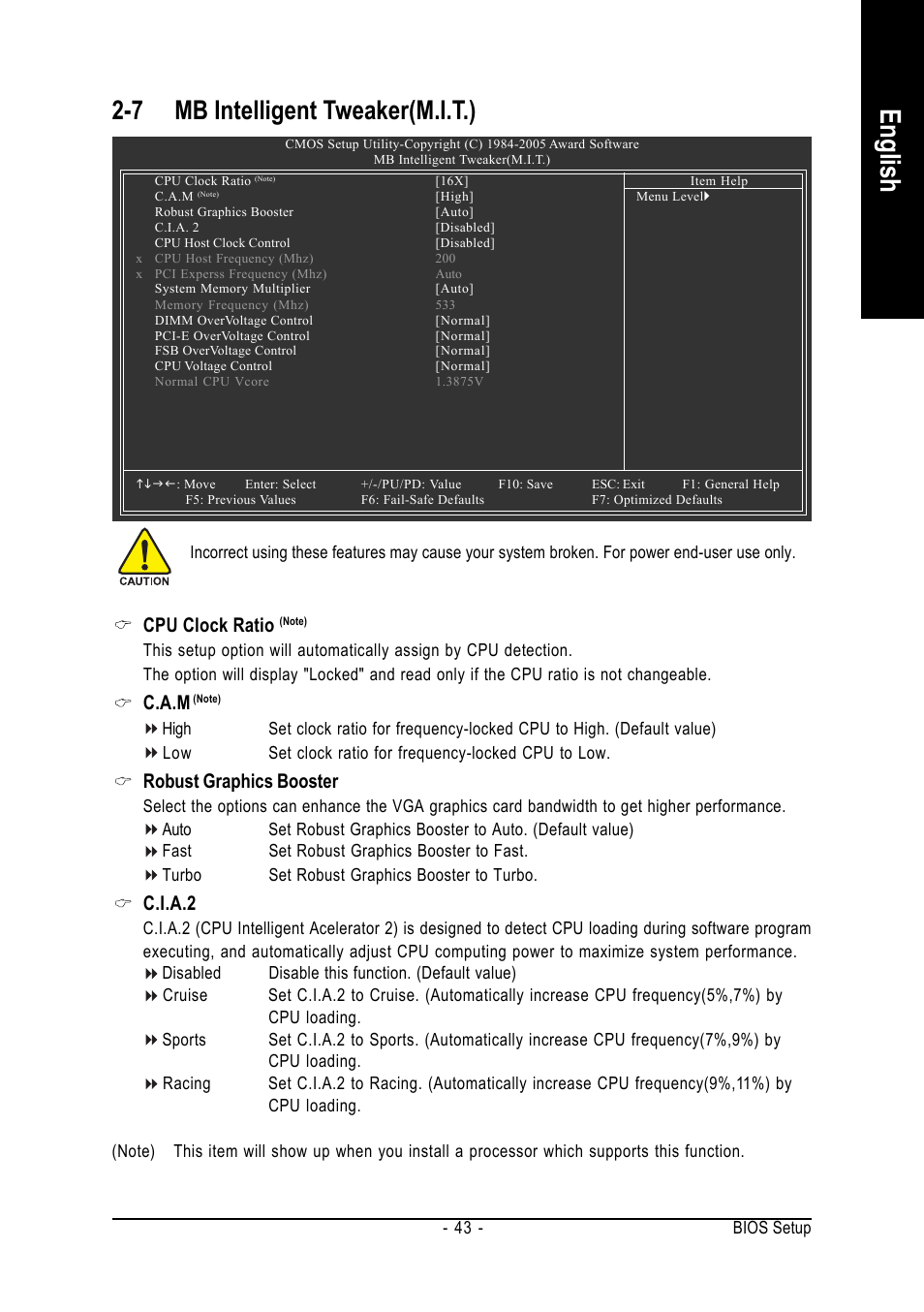 English, 7 mb intelligent tweaker(m.i.t.), Cpu clock ratio | C.a.m, Robust graphics booster, C.i.a.2 | GIGABYTE GA-8I945PLGE-RH User Manual | Page 43 / 80