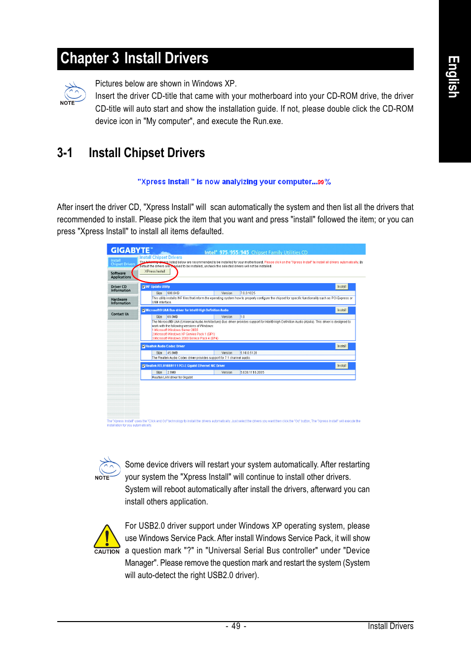 Chapter 3 install drivers, English, 1 install chipset drivers | GIGABYTE GA-8I945PLGE-RH User Manual | Page 49 / 80
