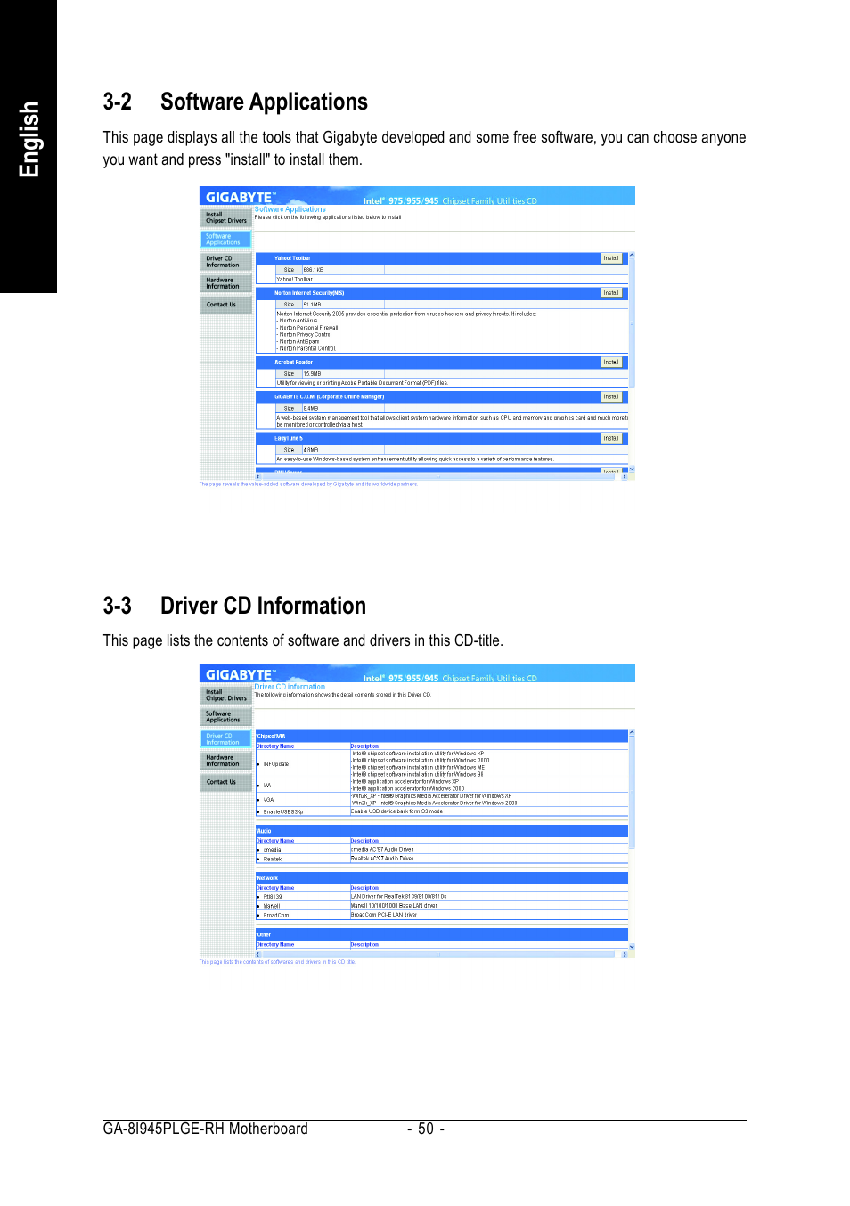 English, 2 software applications, 3 driver cd information | GIGABYTE GA-8I945PLGE-RH User Manual | Page 50 / 80