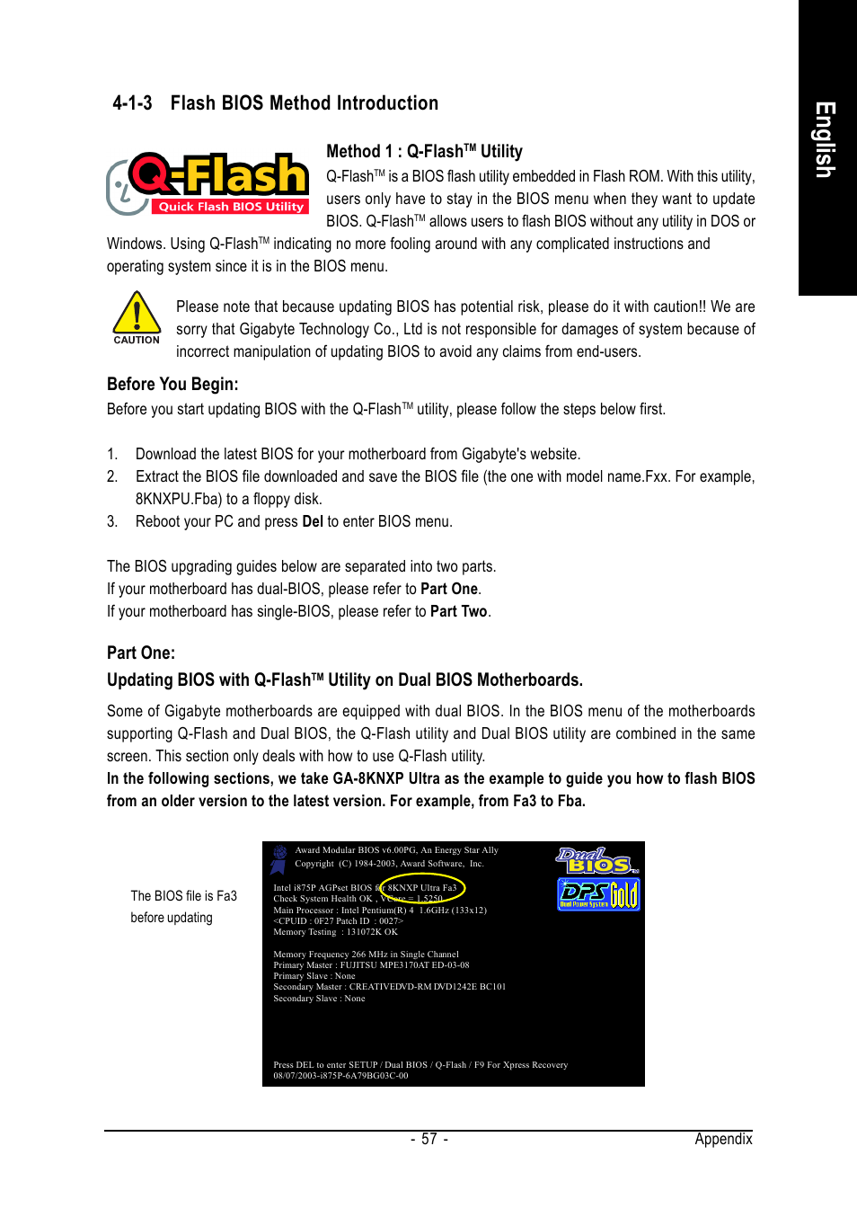 English, 1-3 flash bios method introduction, Method 1 : q-flash | Utility, Before you begin, Part one: updating bios with q-flash, Utility on dual bios motherboards | GIGABYTE GA-8I945PLGE-RH User Manual | Page 57 / 80