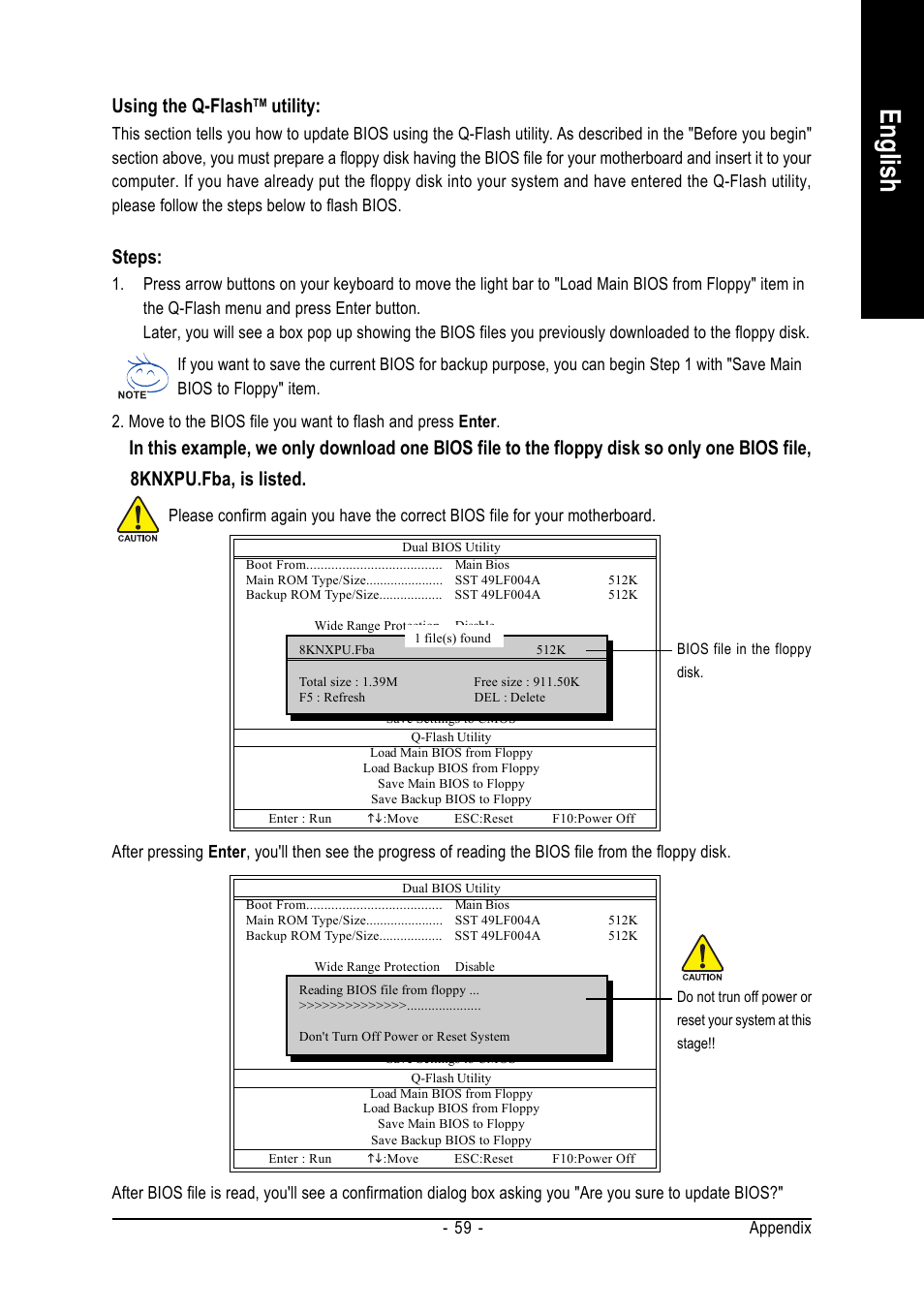 English, Using the q-flash, Utility | Steps, Appendix - 59 | GIGABYTE GA-8I945PLGE-RH User Manual | Page 59 / 80