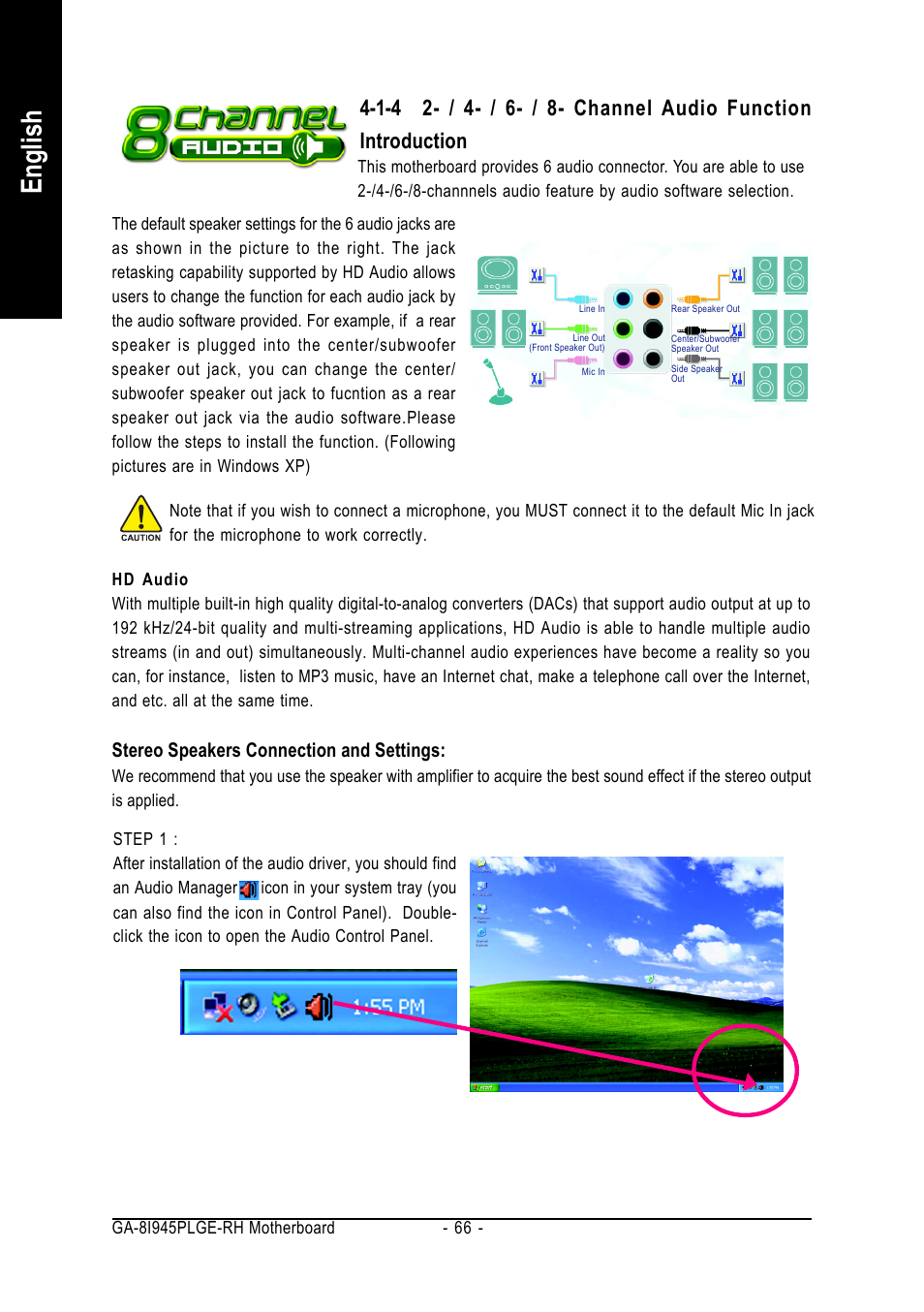 English, Stereo speakers connection and settings | GIGABYTE GA-8I945PLGE-RH User Manual | Page 66 / 80