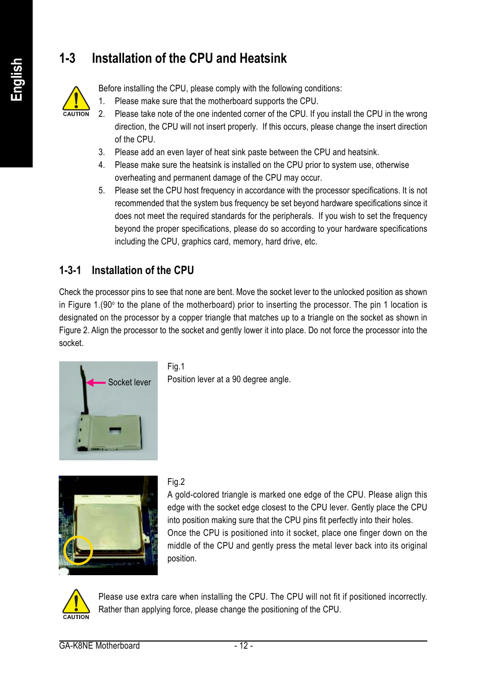 English, 3 installation of the cpu and heatsink | GIGABYTE GA-K8NE User Manual | Page 12 / 80