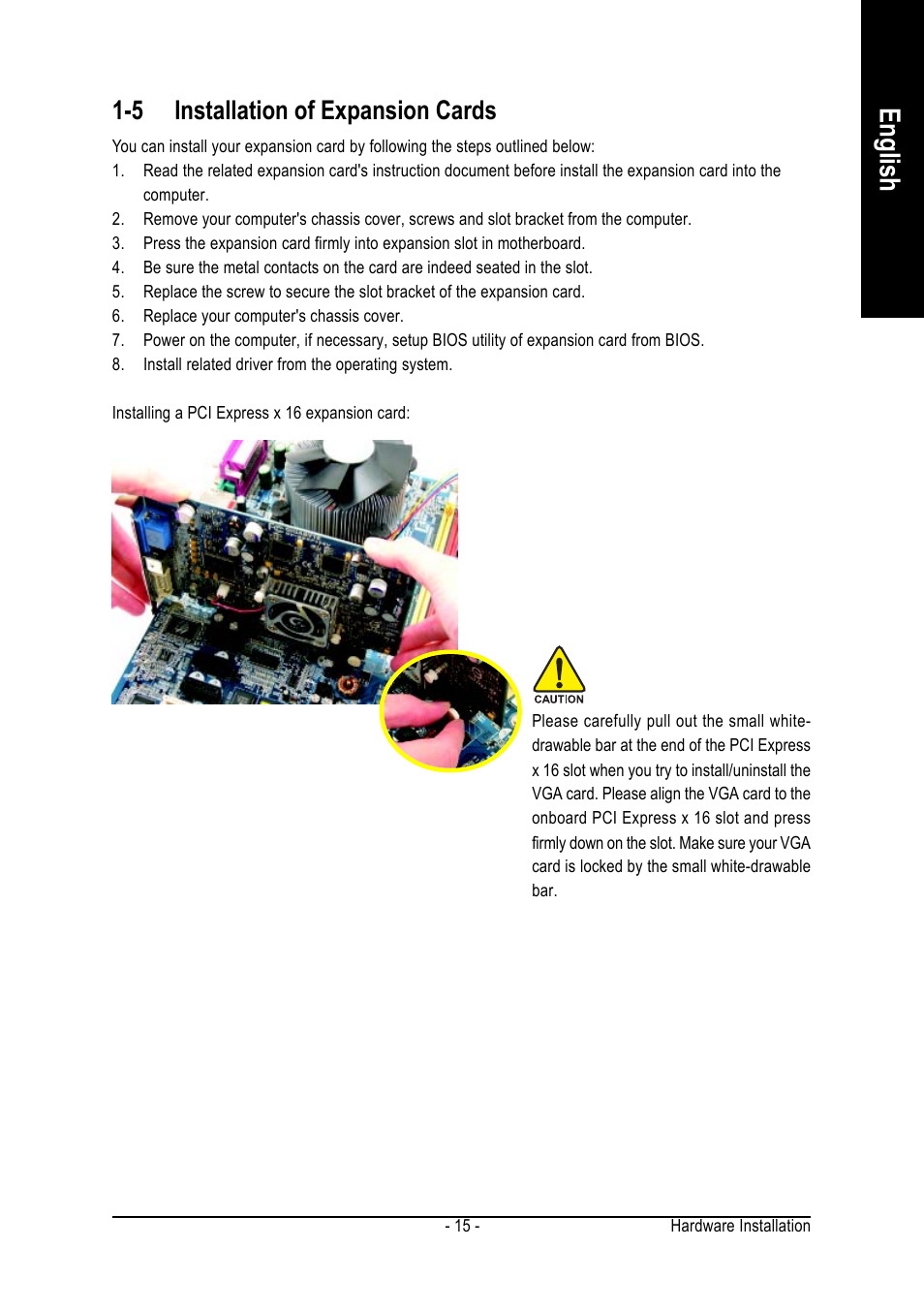 English, 5 installation of expansion cards | GIGABYTE GA-K8NE User Manual | Page 15 / 80