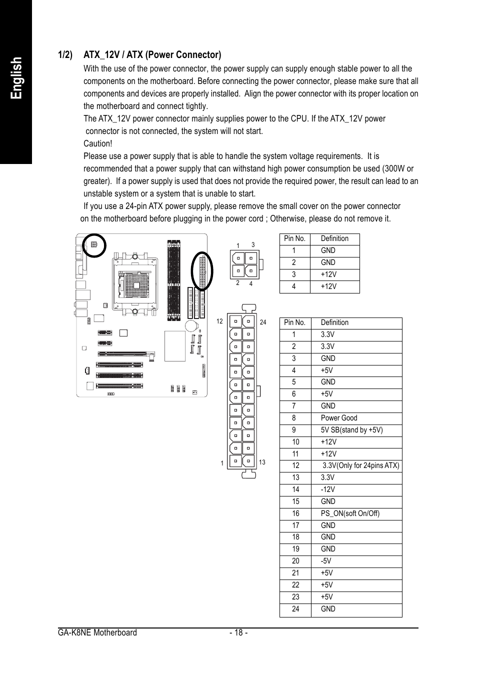 English, 1/2) atx_12v / atx (power connector) | GIGABYTE GA-K8NE User Manual | Page 18 / 80