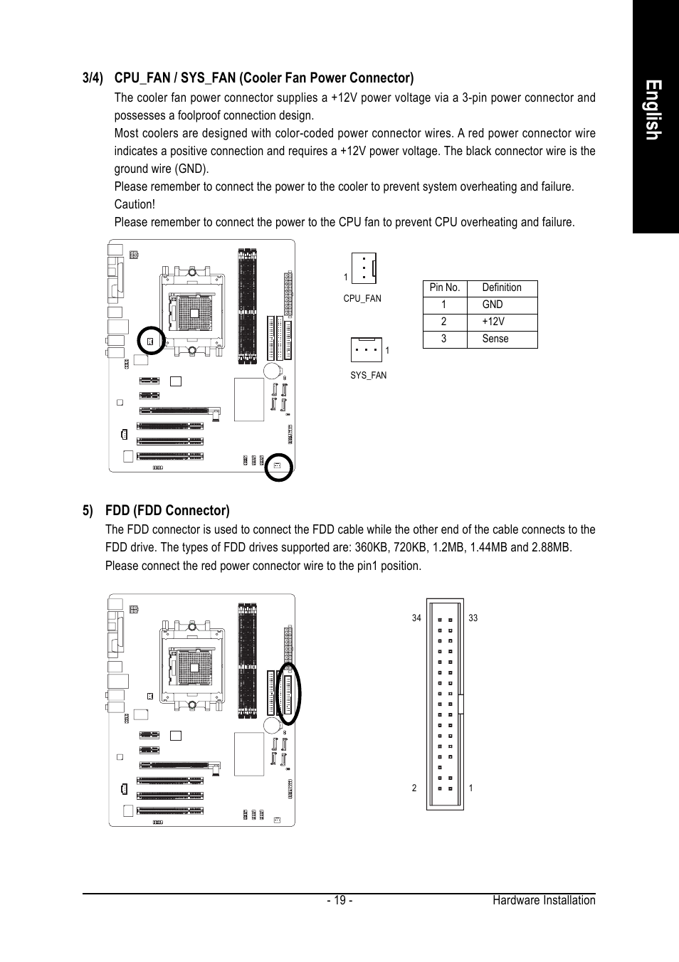 English, 5) fdd (fdd connector) | GIGABYTE GA-K8NE User Manual | Page 19 / 80