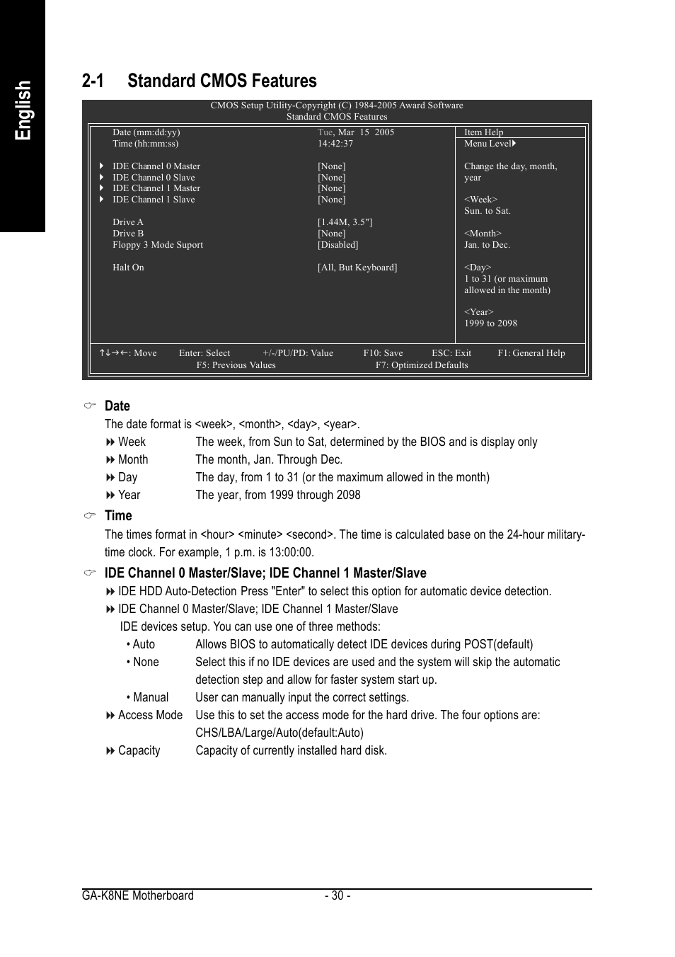 English, 1 standard cmos features, Date | Time | GIGABYTE GA-K8NE User Manual | Page 30 / 80