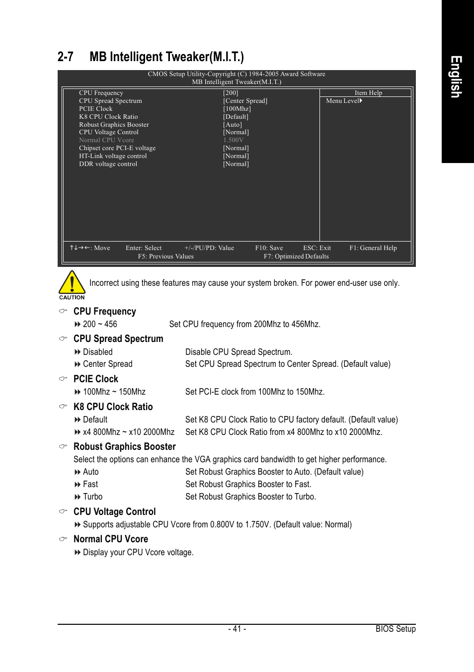 English, 7 mb intelligent tweaker(m.i.t.), Cpu frequency | Cpu spread spectrum, Pcie clock, K8 cpu clock ratio, Robust graphics booster, Cpu voltage control, Normal cpu vcore | GIGABYTE GA-K8NE User Manual | Page 41 / 80