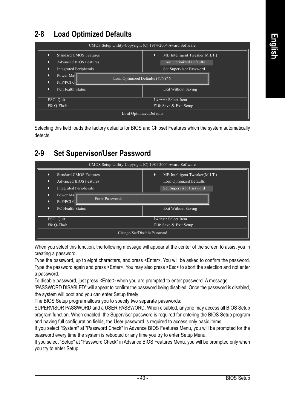 English, 8 load optimized defaults, 9 set supervisor/user password | GIGABYTE GA-K8NE User Manual | Page 43 / 80