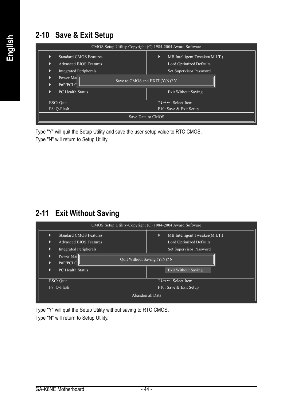English, 10 save & exit setup, 11 exit without saving | Ga-k8ne motherboard - 44 | GIGABYTE GA-K8NE User Manual | Page 44 / 80