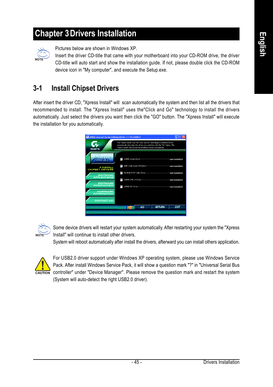 Chapter 3drivers installation, English, 1 install chipset drivers | GIGABYTE GA-K8NE User Manual | Page 45 / 80