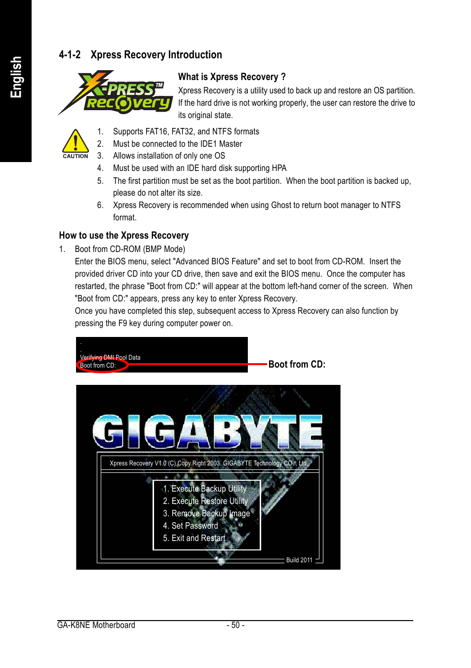 English, 1-2 xpress recovery introduction | GIGABYTE GA-K8NE User Manual | Page 50 / 80