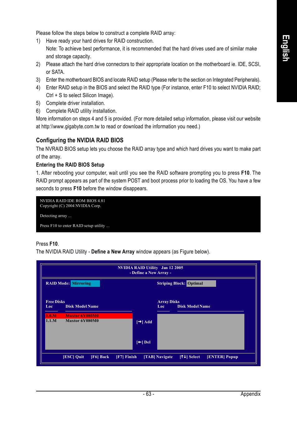 English, Configuring the nvidia raid bios | GIGABYTE GA-K8NE User Manual | Page 63 / 80
