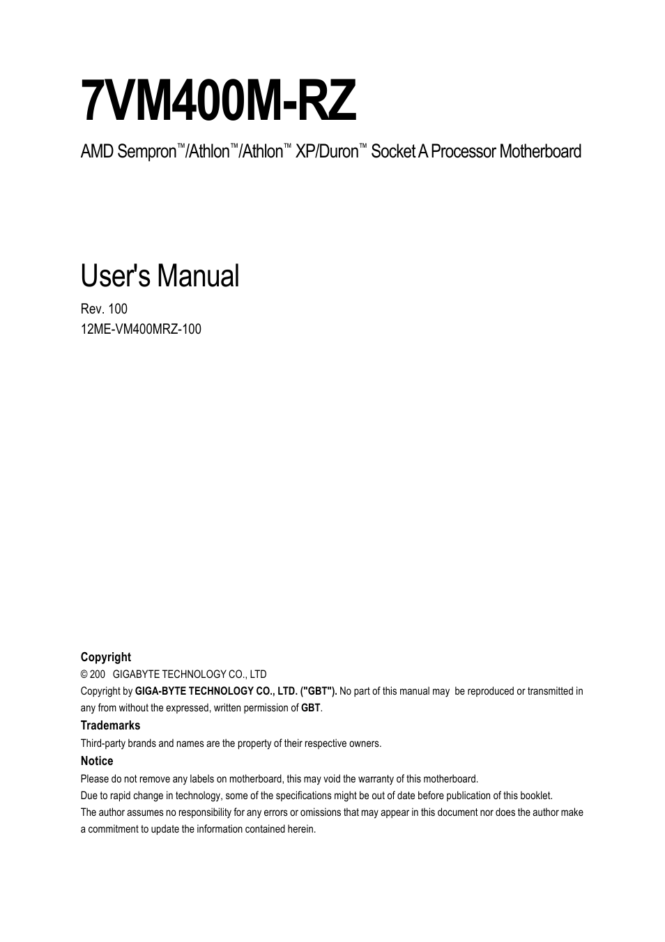 GIGABYTE 7VM400M-RZ User Manual | 36 pages