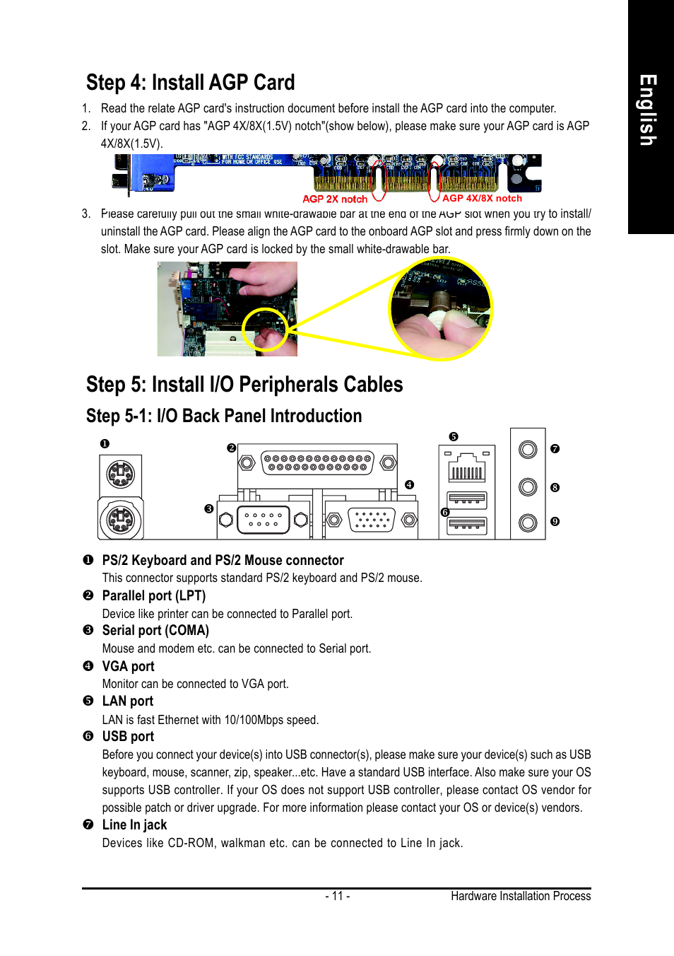 English step 5: install i/o peripherals cables, Step 4: install agp card, Step 5-1: i/o back panel introduction | GIGABYTE 7VM400M-RZ User Manual | Page 11 / 36