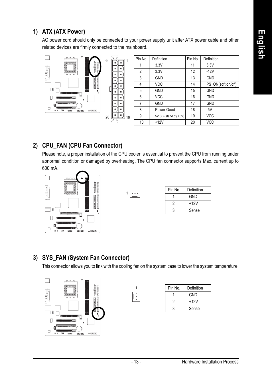 English, 1) atx (atx power), 2) cpu_fan (cpu fan connector) | 3) sys_fan (system fan connector) | GIGABYTE 7VM400M-RZ User Manual | Page 13 / 36