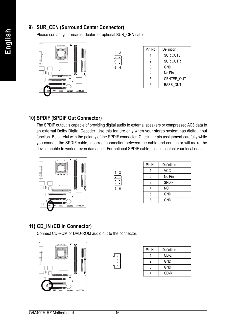 English, 10) spdif (spdif out connector), 9) sur_cen (surround center connector) | 11) cd_in (cd in connector) | GIGABYTE 7VM400M-RZ User Manual | Page 16 / 36