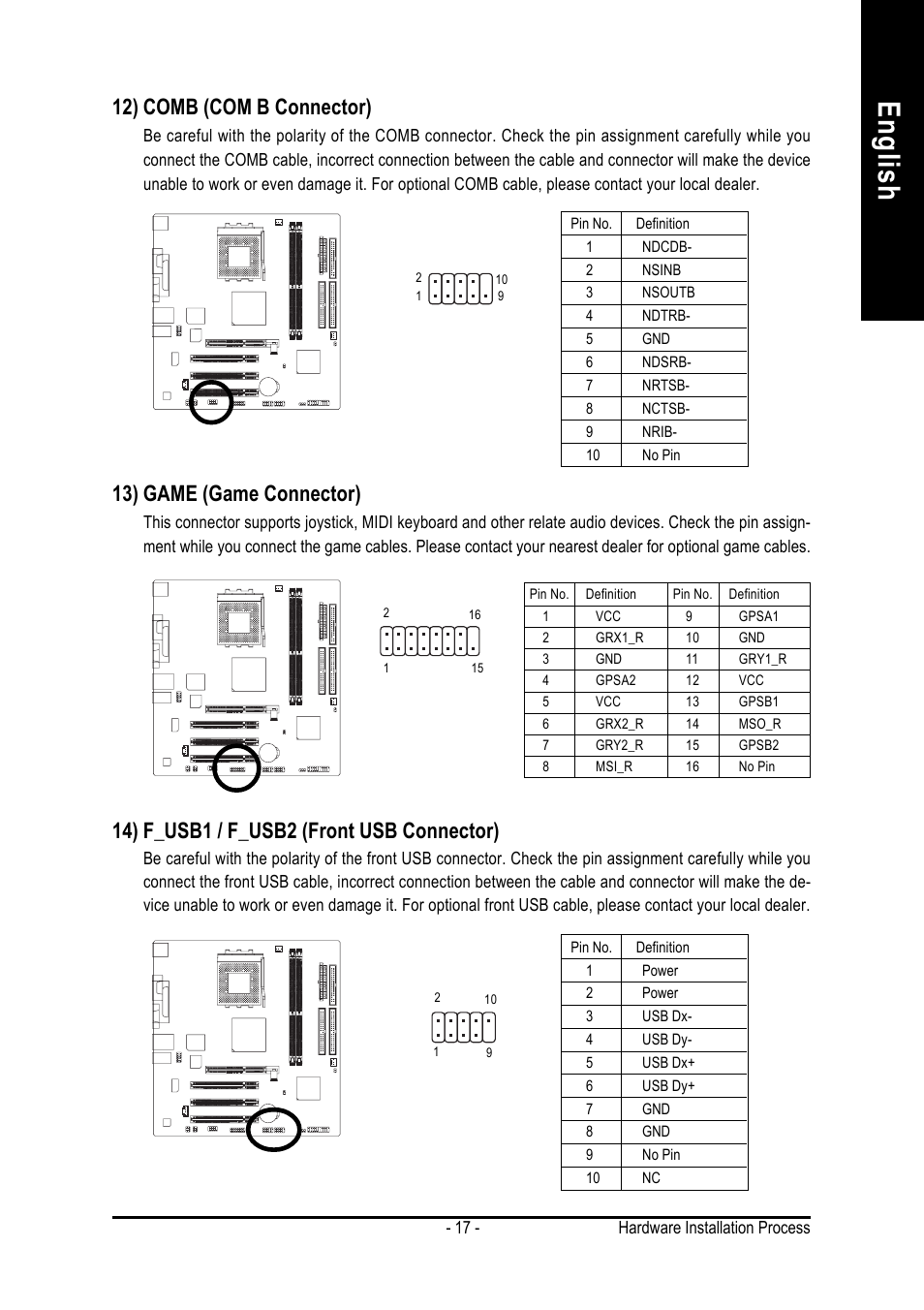 English, 12) comb (com b connector), 13) game (game connector) | 14) f_usb1 / f_usb2 (front usb connector) | GIGABYTE 7VM400M-RZ User Manual | Page 17 / 36