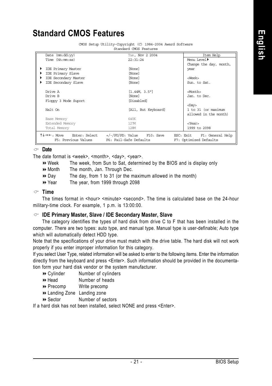 English standard cmos features, Date, Time | GIGABYTE 7VM400M-RZ User Manual | Page 21 / 36