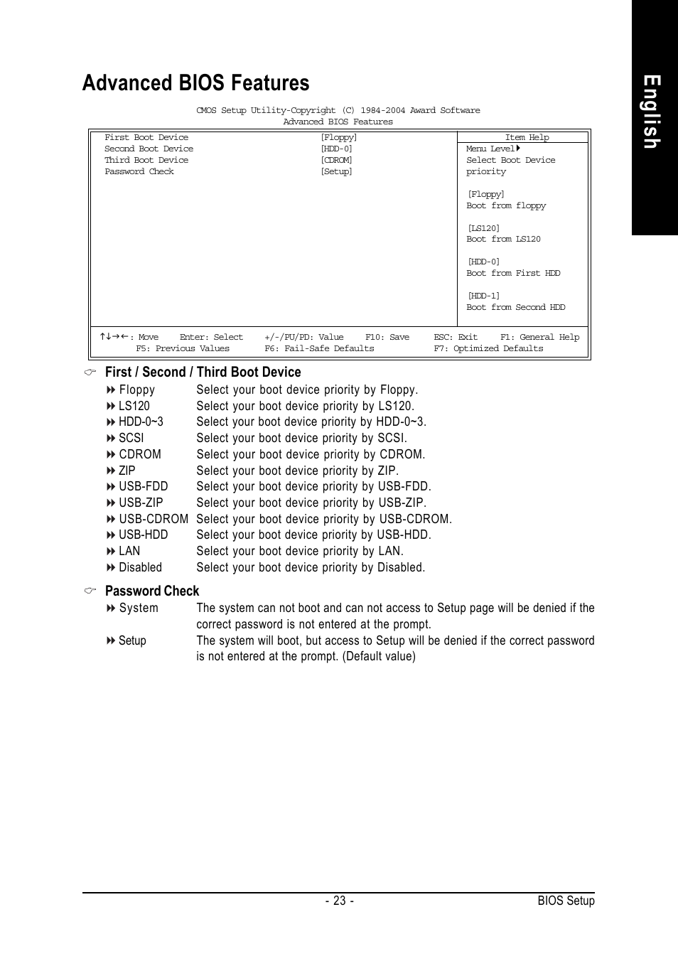English advanced bios features, First / second / third boot device, Password check | GIGABYTE 7VM400M-RZ User Manual | Page 23 / 36