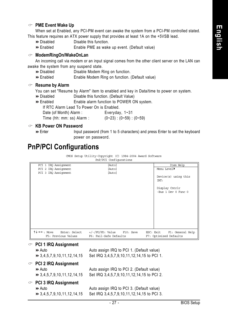 English, Pnp/pci configurations | GIGABYTE 7VM400M-RZ User Manual | Page 27 / 36