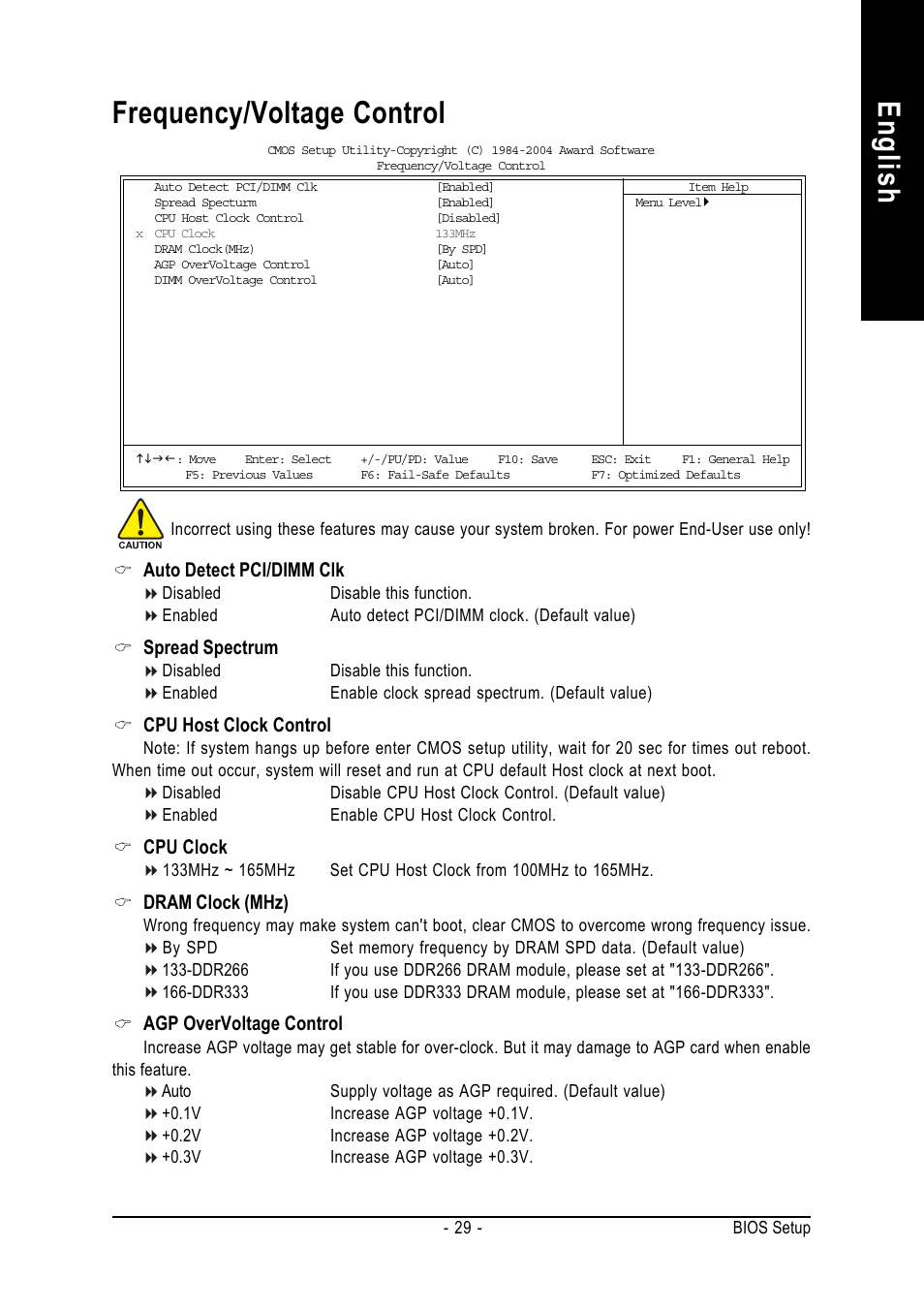 English frequency/voltage control, Auto detect pci/dimm clk, Spread spectrum | Cpu host clock control, Cpu clock, Dram clock (mhz), Agp overvoltage control | GIGABYTE 7VM400M-RZ User Manual | Page 29 / 36