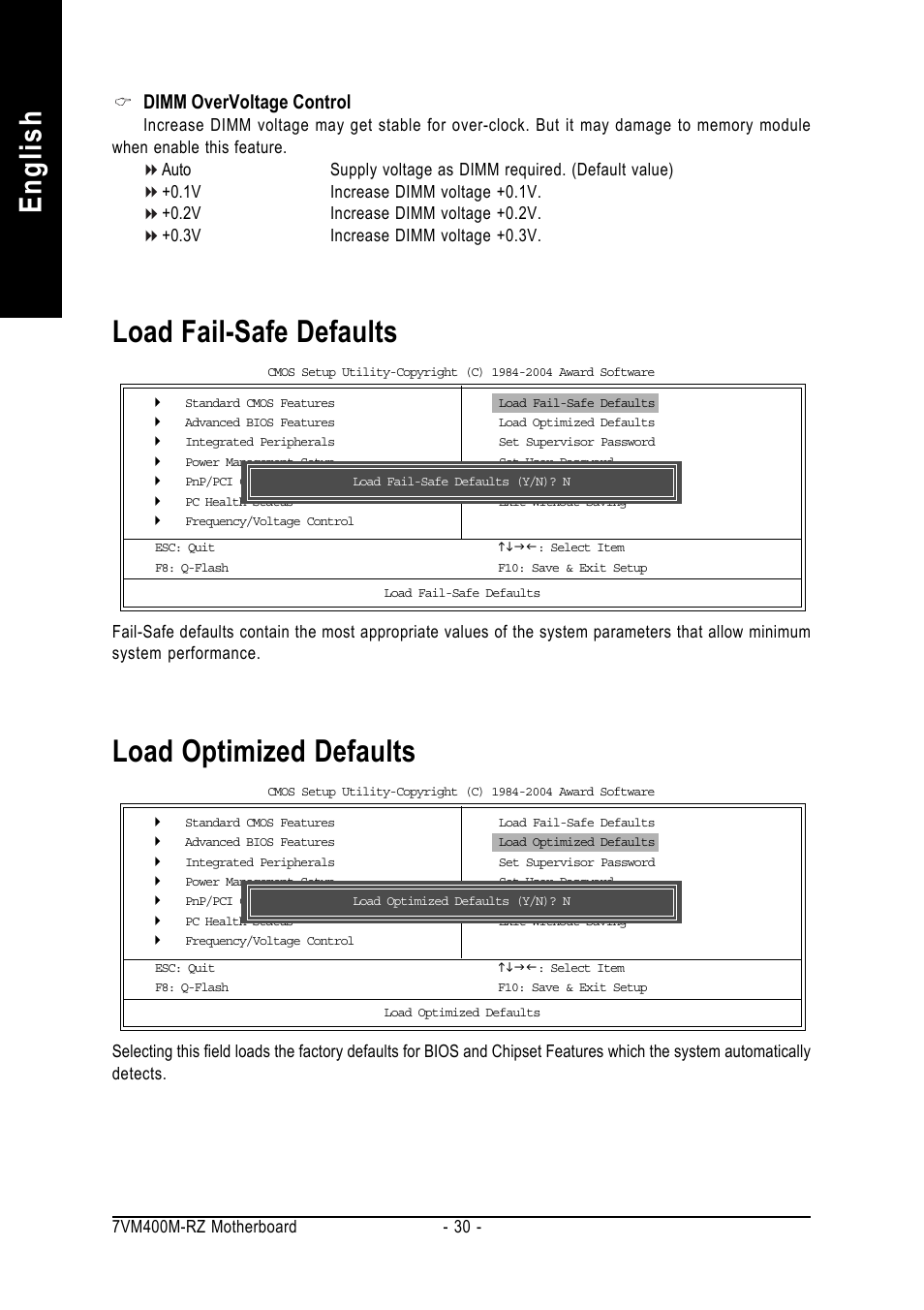 English load fail-safe defaults, Load optimized defaults, Dimm overvoltage control | GIGABYTE 7VM400M-RZ User Manual | Page 30 / 36