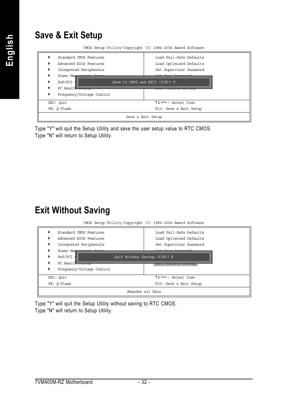 English exit without saving, Save & exit setup | GIGABYTE 7VM400M-RZ User Manual | Page 32 / 36